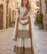 Brown & white georgette suit with embroidery & sequin work