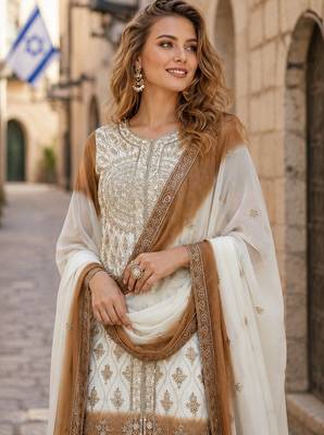 Brown & white georgette suit with embroidery & sequin work 2
