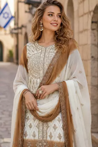 Brown & white georgette suit with embroidery & sequin work