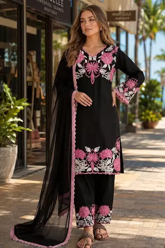 Black silk suit with thread embroidery work