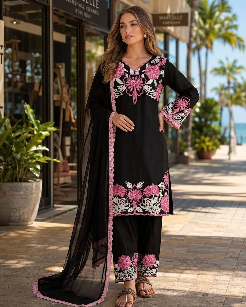 Black silk suit with thread embroidery work