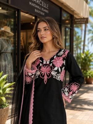 Black silk suit with thread embroidery work 2