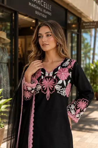 Black silk suit with thread embroidery work