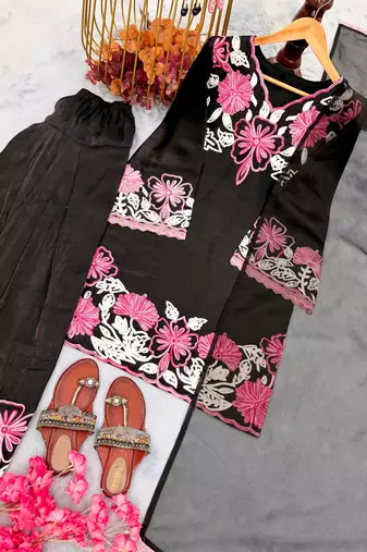 Black silk suit with thread embroidery work