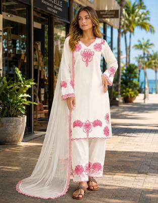 White silk suit with thread embroidery work 1