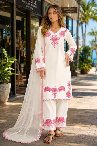 White silk suit with thread embroidery work