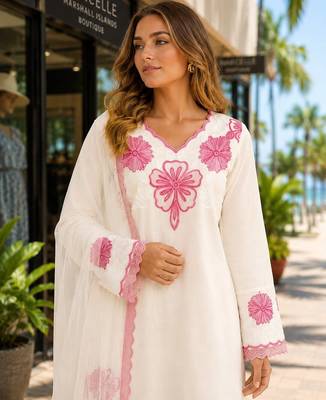 White silk suit with thread embroidery work 2