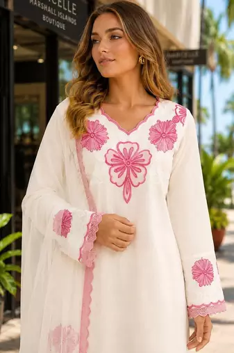 White silk suit with thread embroidery work
