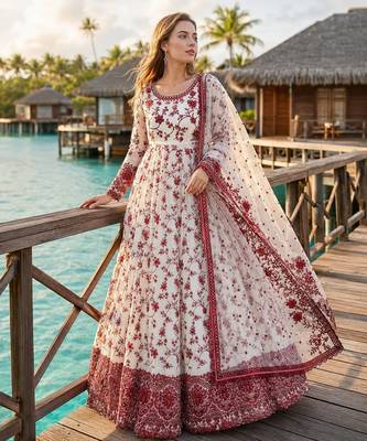 Red & white faux georgette suit with embroidery & tassels attached 1