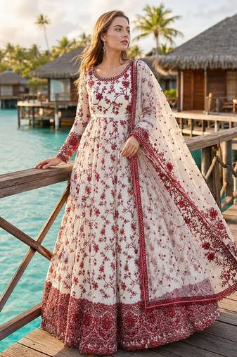 Red & white faux georgette suit with embroidery & tassels attached
