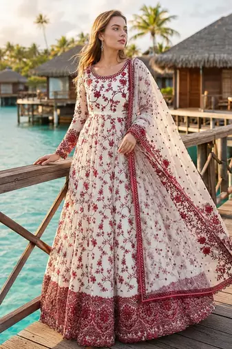 Red & white faux georgette suit with embroidery & tassels attached