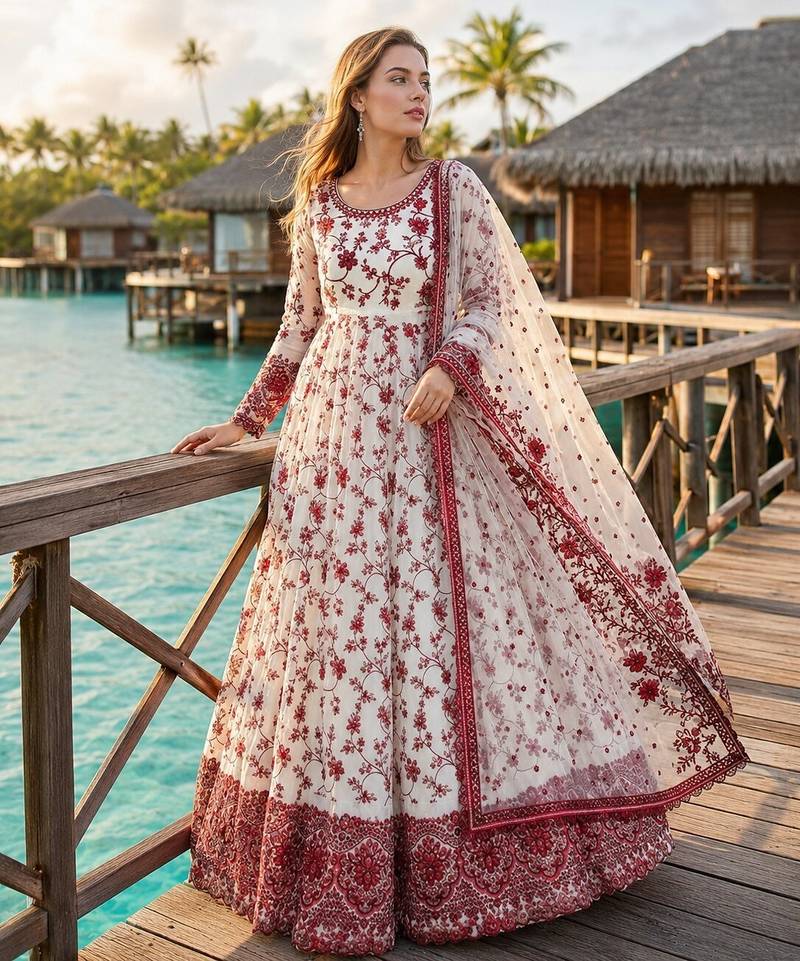 Red & white faux georgette suit with embroidery & tassels attached