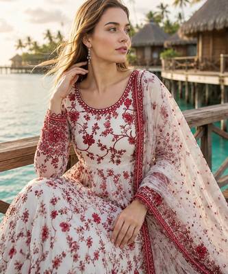 Red & white faux georgette suit with embroidery & tassels attached 2