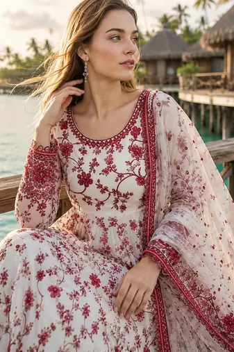Red & white faux georgette suit with embroidery & tassels attached