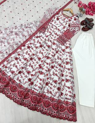 Red & white faux georgette suit with embroidery & tassels attached 3