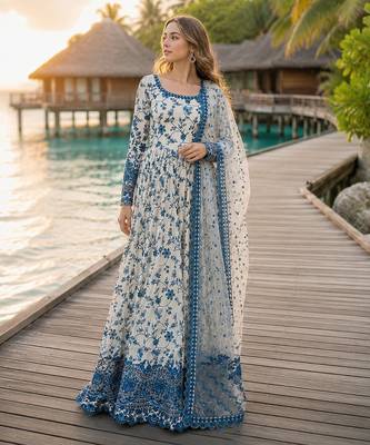 Blue & white faux georgette suit with embroidery & tassels attached 1