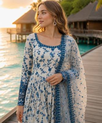 Blue & white faux georgette suit with embroidery & tassels attached 2