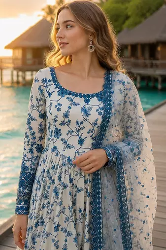 Blue & white faux georgette suit with embroidery & tassels attached