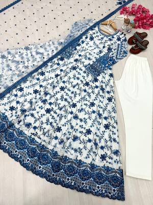 Blue & white faux georgette suit with embroidery & tassels attached 3