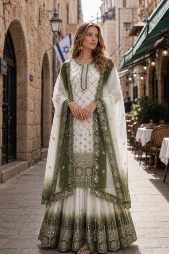 Mehendi&white georgette suit with embroidery & sequin work