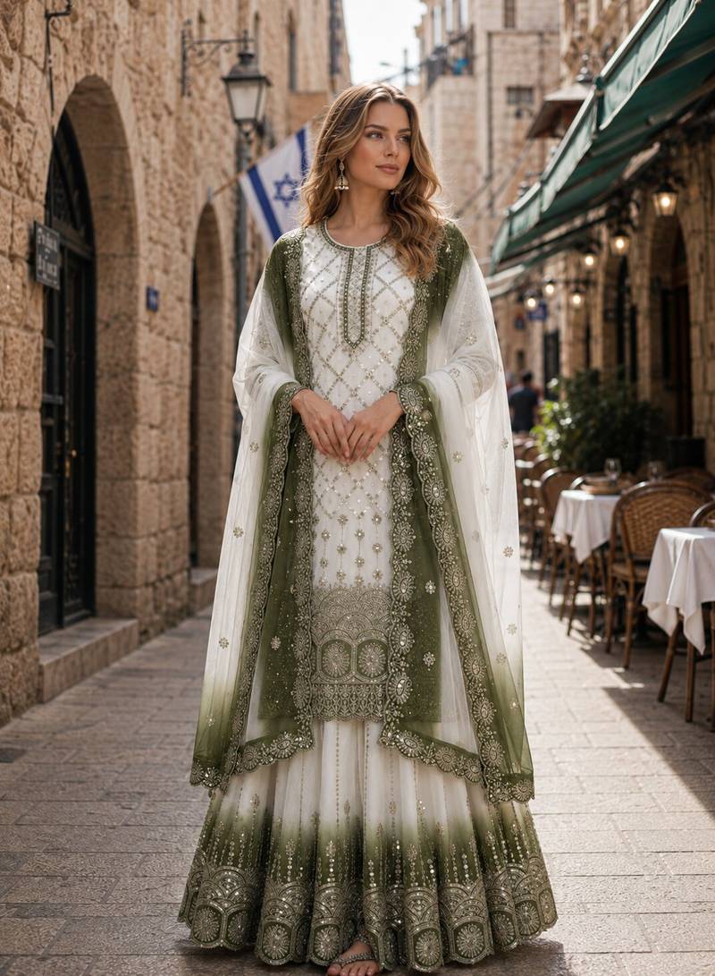 Mehendi&white georgette suit with embroidery & sequin work