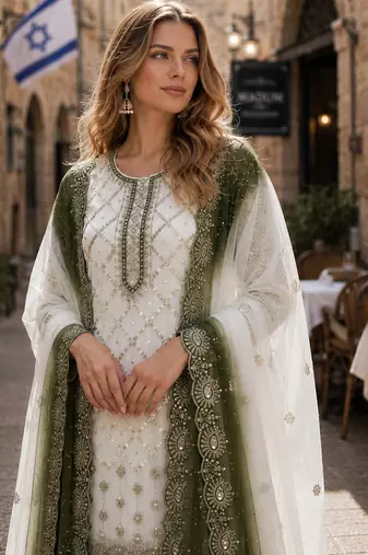 Mehendi&white georgette suit with embroidery & sequin work