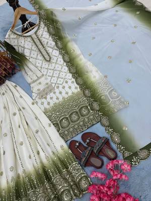 Mehendi&white georgette suit with embroidery & sequin work 3