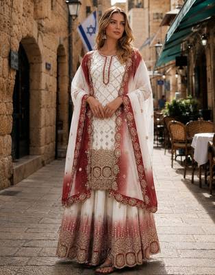 Brown&white georgette suit with embroidery & sequin work 1