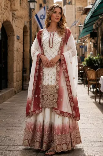 Brown&white georgette suit with embroidery & sequin work