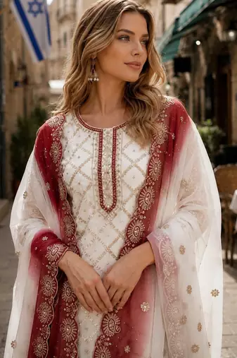 Brown&white georgette suit with embroidery & sequin work