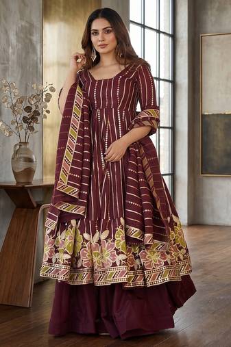 Wine floral embroidered anarkali kurta palazzo set with dupatta