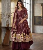 Wine floral embroidered anarkali kurta palazzo set with dupatta