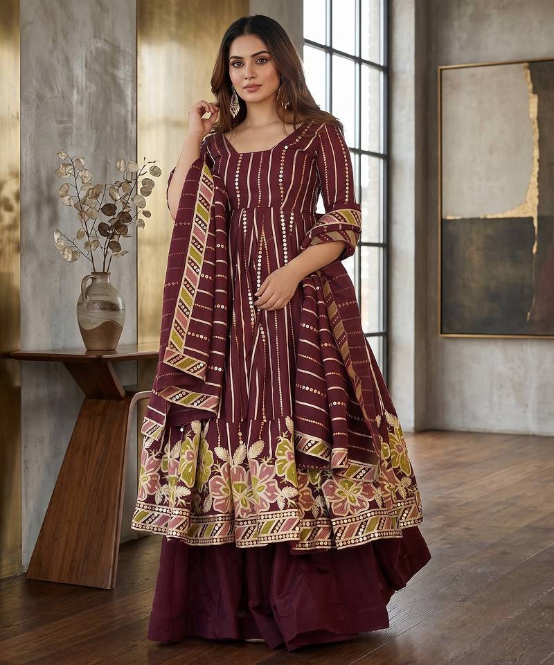 Wine floral embroidered anarkali kurta palazzo set with dupatta