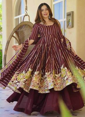Wine floral embroidered anarkali kurta palazzo set with dupatta 2