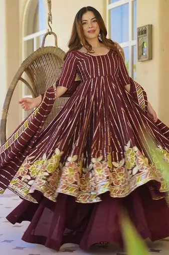 Wine floral embroidered anarkali kurta palazzo set with dupatta