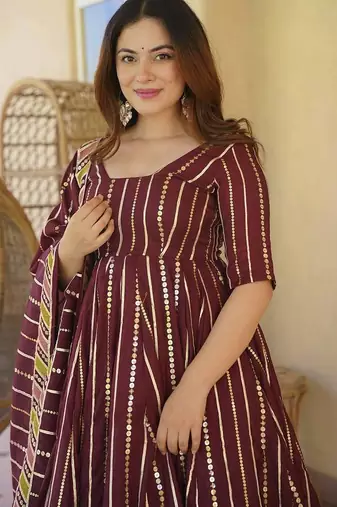 Wine floral embroidered anarkali kurta palazzo set with dupatta