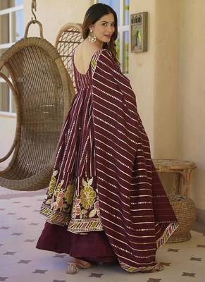 Wine floral embroidered anarkali kurta palazzo set with dupatta 4