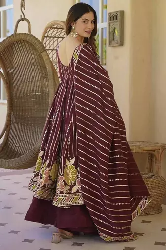 Wine floral embroidered anarkali kurta palazzo set with dupatta