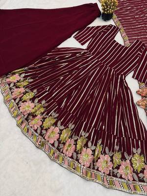 Wine floral embroidered anarkali kurta palazzo set with dupatta 5