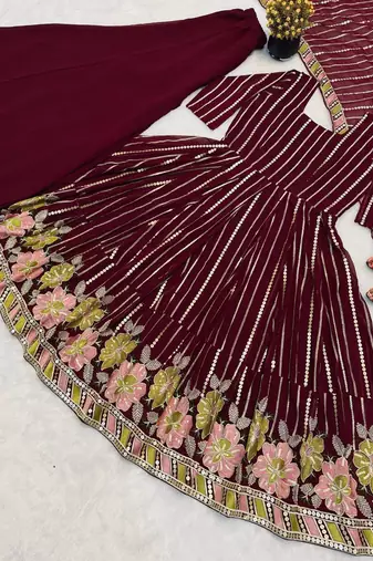 Wine floral embroidered anarkali kurta palazzo set with dupatta