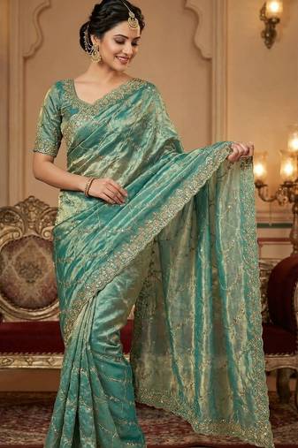 Women silk blend rama green embroidery bollywood saree