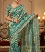 Women silk blend rama green embroidery bollywood saree