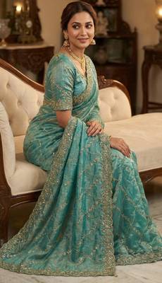 Women silk blend rama green embroidery bollywood saree 2