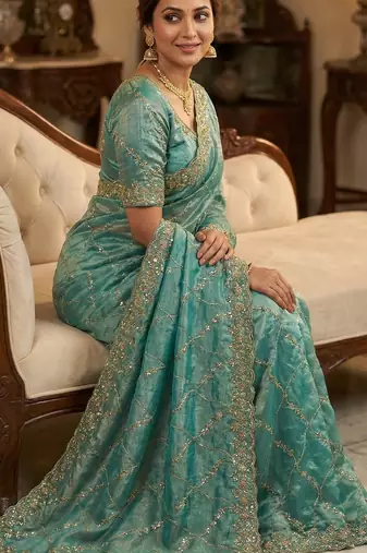 Women silk blend rama green embroidery bollywood saree