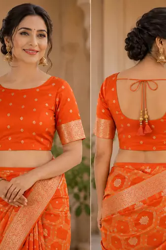 Women soft silk blend orange geomatric banarasi saree