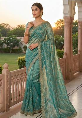 Women silk blend rama green embroidery bollywood saree 3