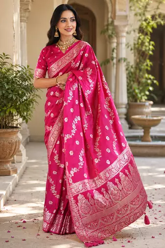 Women soft silk blend rani pink floral jaal banarasi saree
