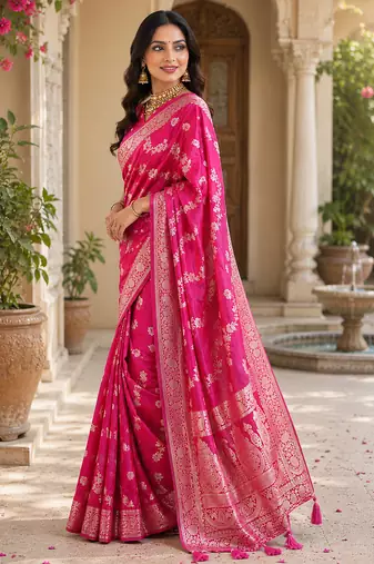 Women soft silk blend rani pink floral jaal banarasi saree