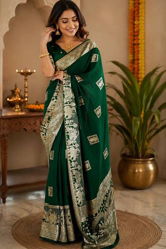 Women soft silk blend dark bottle green geomatric buttas banarasi saree