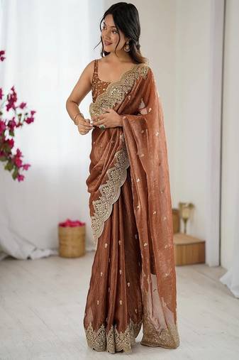 Women's satin silk saree with elegant lace border party wear designer saree